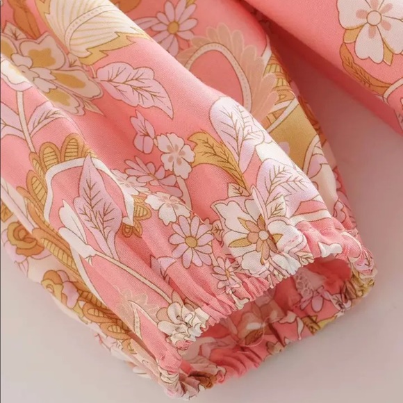 Boho Gypsy Hendrix Floral Pink Peasant Dress Gown hippie free spirit bohemian L - Picture 7 of 14